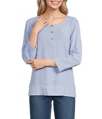 Ali Miles Woven Coordinating Yarn-Dye Stripe Round Neck 3/4 Cuffed Sleeve Button Front Placket Top