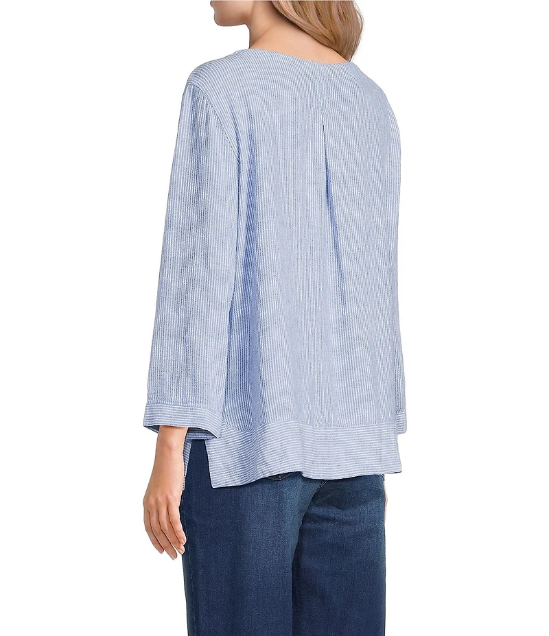 Ali Miles Woven Coordinating Yarn-Dye Stripe Round Neck 3/4 Cuffed Sleeve Button Front Placket Top