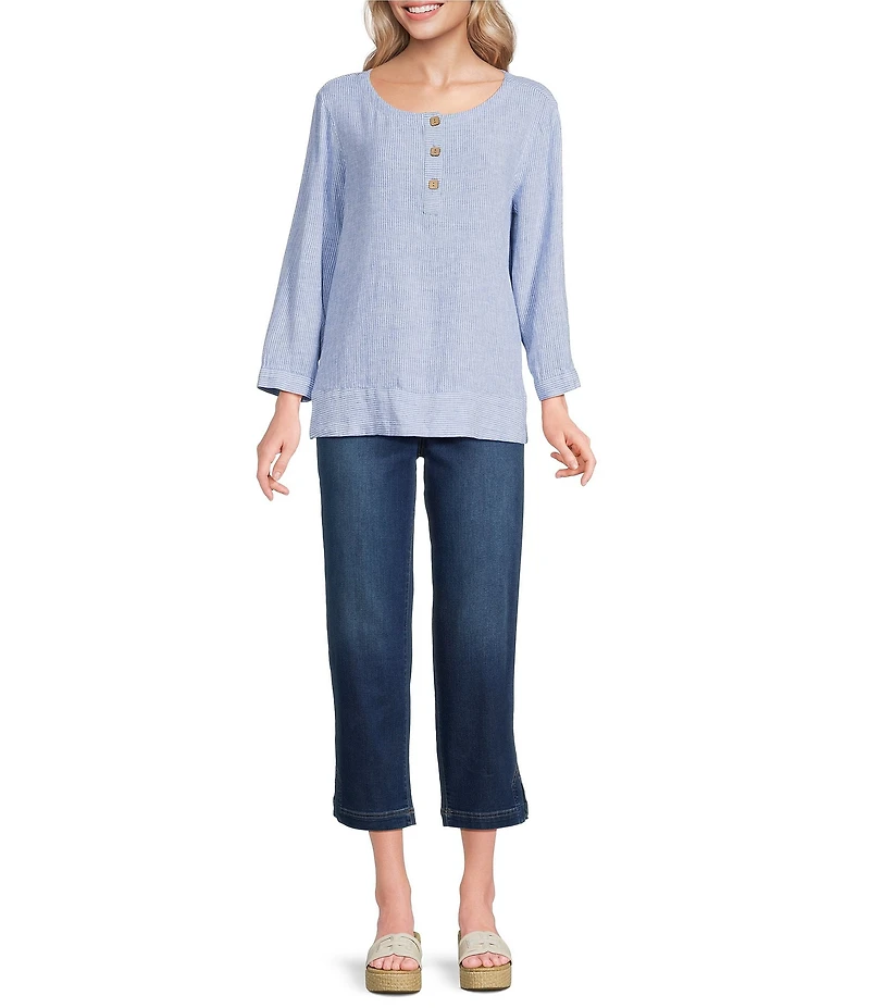 Ali Miles Woven Coordinating Yarn-Dye Stripe Round Neck 3/4 Cuffed Sleeve Button Front Placket Top