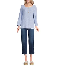 Ali Miles Woven Coordinating Yarn-Dye Stripe Round Neck 3/4 Cuffed Sleeve Button Front Placket Top