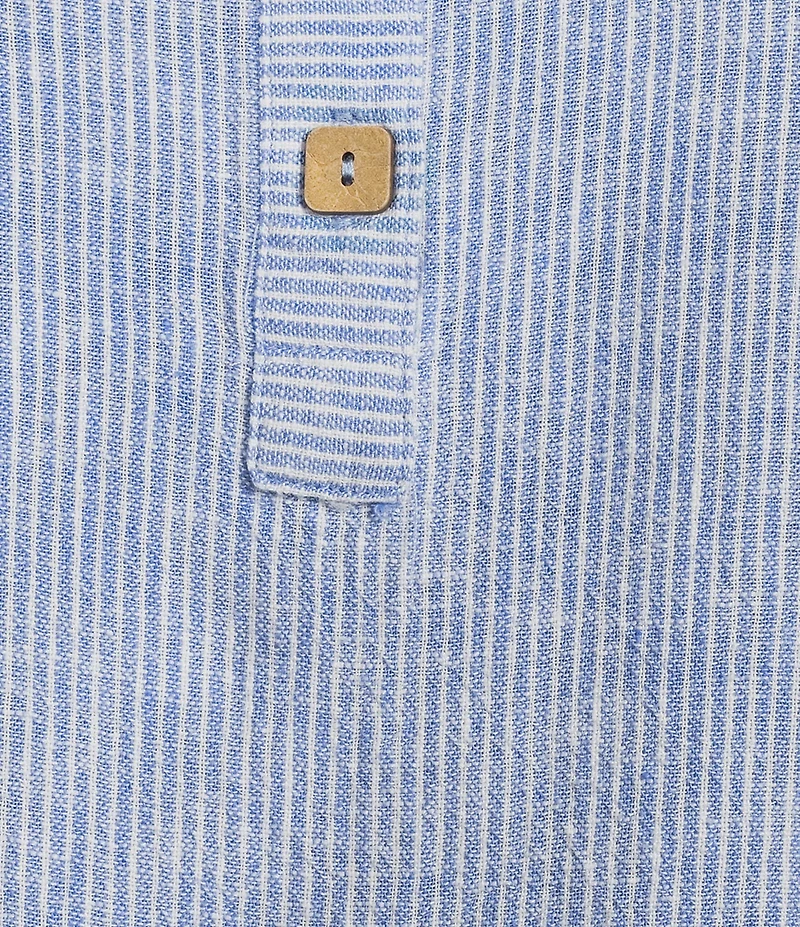 Ali Miles Woven Coordinating Yarn-Dye Stripe Round Neck 3/4 Cuffed Sleeve Button Front Placket Top