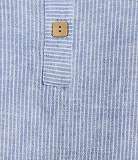 Ali Miles Woven Coordinating Yarn-Dye Stripe Round Neck 3/4 Cuffed Sleeve Button Front Placket Top