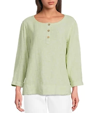 Ali Miles Woven Coordinating Yarn-Dye Stripe Round Neck 3/4 Cuffed Sleeve Button Front Placket Top