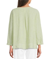 Ali Miles Woven Coordinating Yarn-Dye Stripe Round Neck 3/4 Cuffed Sleeve Button Front Placket Top