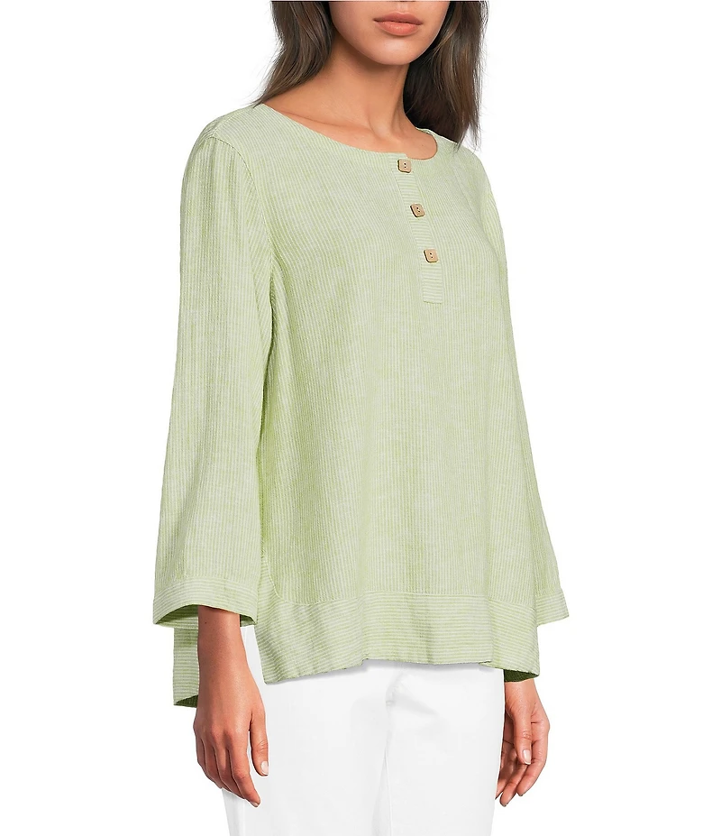 Ali Miles Woven Coordinating Yarn-Dye Stripe Round Neck 3/4 Cuffed Sleeve Button Front Placket Top
