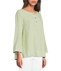 Ali Miles Woven Coordinating Yarn-Dye Stripe Round Neck 3/4 Cuffed Sleeve Button Front Placket Top