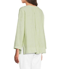 Ali Miles Woven Coordinating Yarn-Dye Stripe Round Neck 3/4 Cuffed Sleeve Button Front Placket Top
