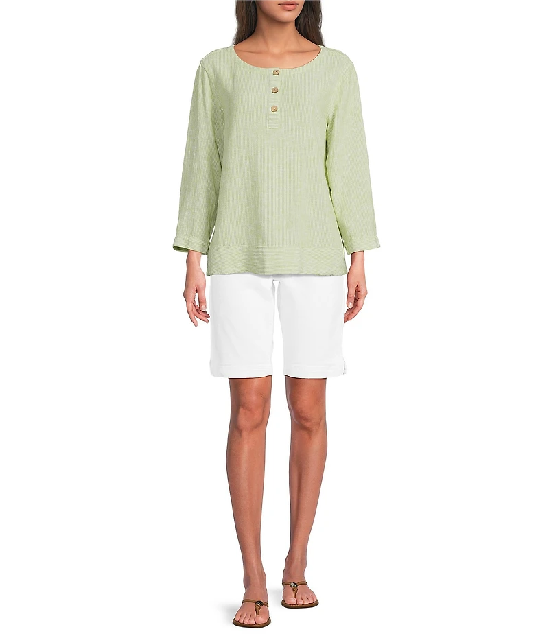 Ali Miles Woven Coordinating Yarn-Dye Stripe Round Neck 3/4 Cuffed Sleeve Button Front Placket Top