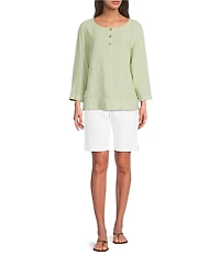 Ali Miles Woven Coordinating Yarn-Dye Stripe Round Neck 3/4 Cuffed Sleeve Button Front Placket Top