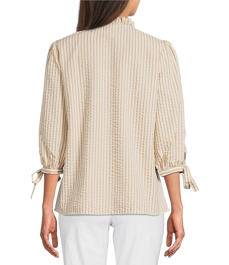 Ali Miles Woven Yarn-Dye Stripe Ruffle V-Neck 3/4 Tie Sleeve Blouse