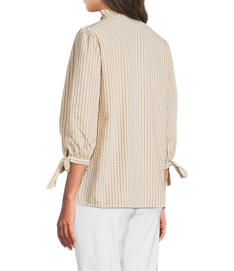 Ali Miles Woven Yarn-Dye Stripe Ruffle V-Neck 3/4 Tie Sleeve Blouse