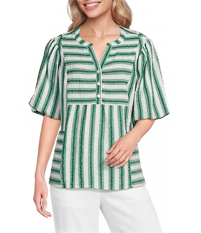 Ali Miles Woven Yarn-Dye Stripe Split V-Neck Elbow Length Bubble Sleeve Pullover Top