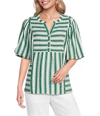 Ali Miles Woven Yarn-Dye Stripe Split V-Neck Elbow Length Bubble Sleeve Pullover Top