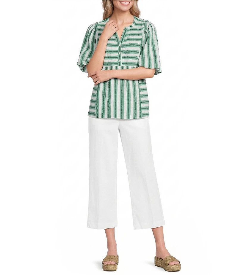 Ali Miles Woven Yarn-Dye Stripe Split V-Neck Elbow Length Bubble Sleeve Pullover Top