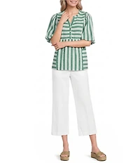 Ali Miles Woven Yarn-Dye Stripe Split V-Neck Elbow Length Bubble Sleeve Pullover Top