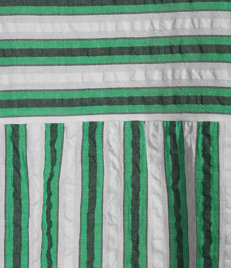 Ali Miles Woven Yarn-Dye Stripe Split V-Neck Elbow Length Bubble Sleeve Pullover Top