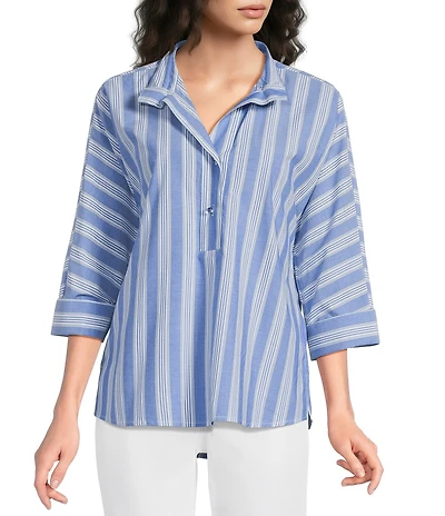 Ali Miles Woven Yarn Dye Stripe Wire Collar 3/4 Dolman Sleeve Tunic