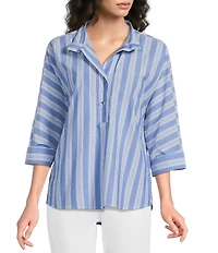 Ali Miles Woven Yarn Dye Stripe Wire Collar 3/4 Dolman Sleeve Tunic