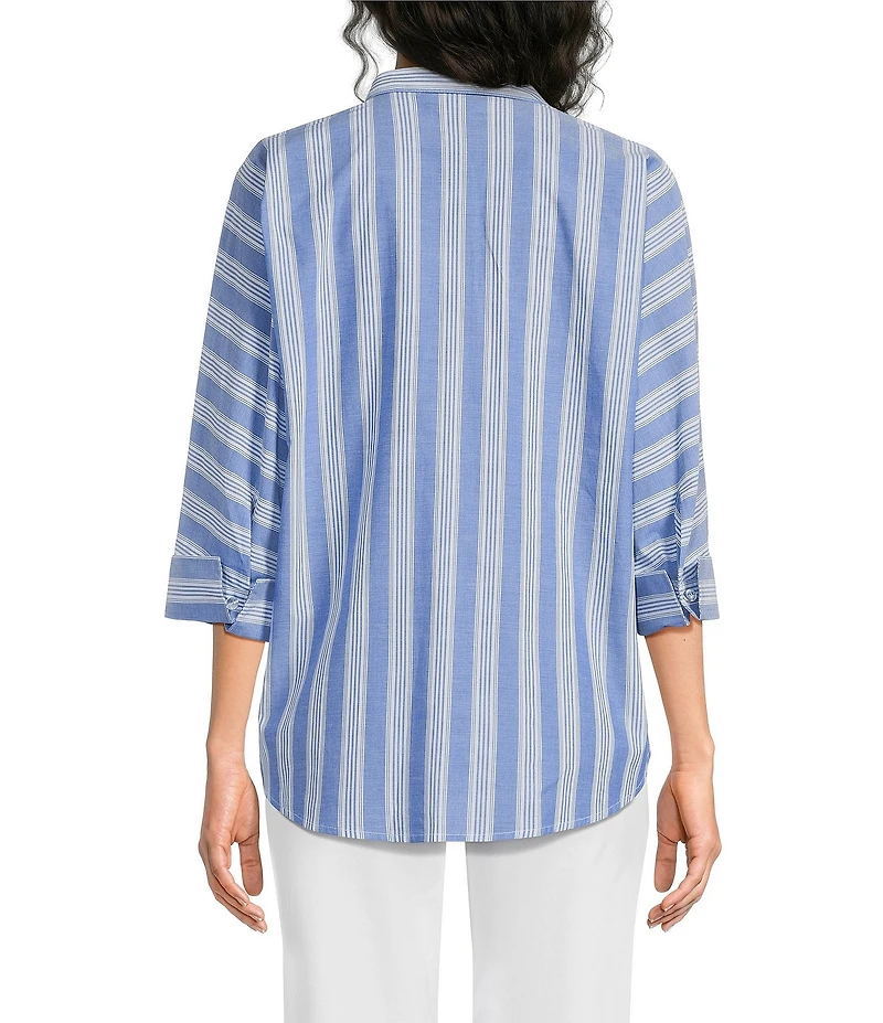 Ali Miles Woven Yarn Dye Stripe Wire Collar 3/4 Dolman Sleeve Tunic