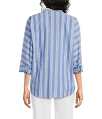 Ali Miles Woven Yarn Dye Stripe Wire Collar 3/4 Dolman Sleeve Tunic