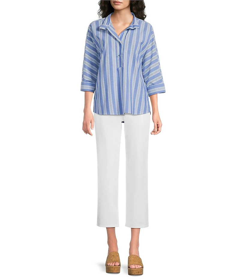 Ali Miles Woven Yarn Dye Stripe Wire Collar 3/4 Dolman Sleeve Tunic