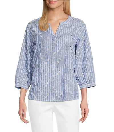 Ali Miles Woven Yarn-Dyed Embroidered Eyelet Y-Neck 3/4 Sleeve Top