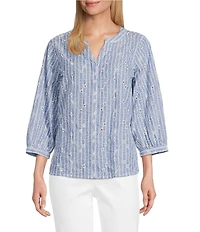 Ali Miles Woven Yarn-Dyed Embroidered Eyelet Y-Neck 3/4 Sleeve Top