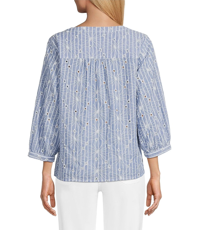 Ali Miles Woven Yarn-Dyed Embroidered Eyelet Y-Neck 3/4 Sleeve Top