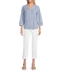 Ali Miles Woven Yarn-Dyed Embroidered Eyelet Y-Neck 3/4 Sleeve Top