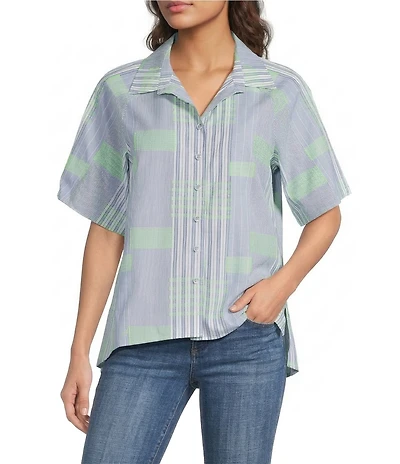 Ali Miles Woven Yarn-Dyed Stripe Clipped Detail Print Point Collar Elbow Length Button-Front Shirt