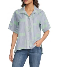 Ali Miles Woven Yarn-Dyed Stripe Clipped Detail Print Point Collar Elbow Length Button-Front Shirt