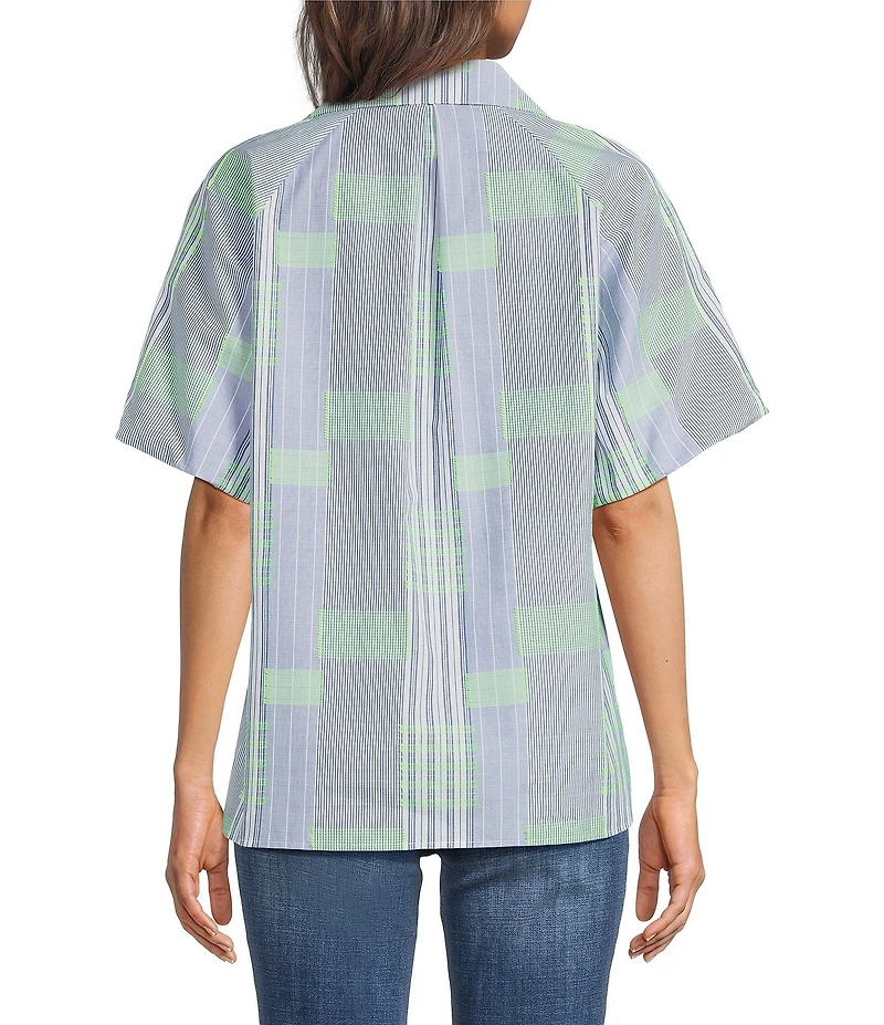 Ali Miles Woven Yarn-Dyed Stripe Clipped Detail Print Point Collar Elbow Length Button-Front Shirt