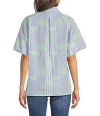 Ali Miles Woven Yarn-Dyed Stripe Clipped Detail Print Point Collar Elbow Length Button-Front Shirt