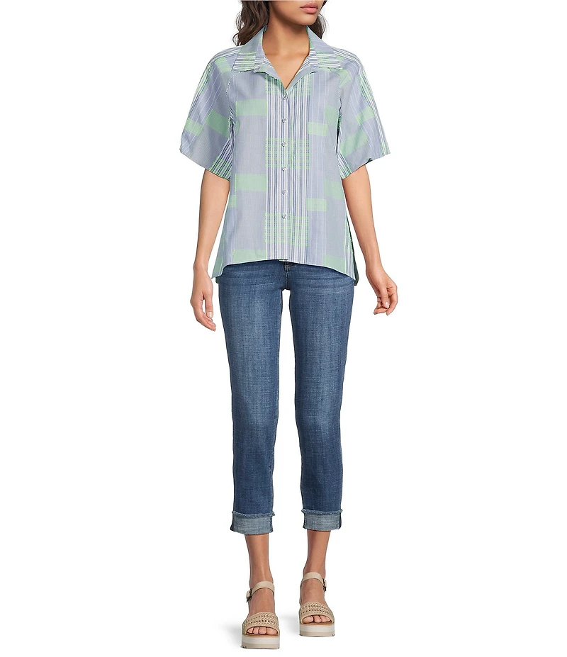 Ali Miles Woven Yarn-Dyed Stripe Clipped Detail Print Point Collar Elbow Length Button-Front Shirt