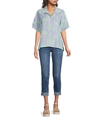 Ali Miles Woven Yarn-Dyed Stripe Clipped Detail Print Point Collar Elbow Length Button-Front Shirt