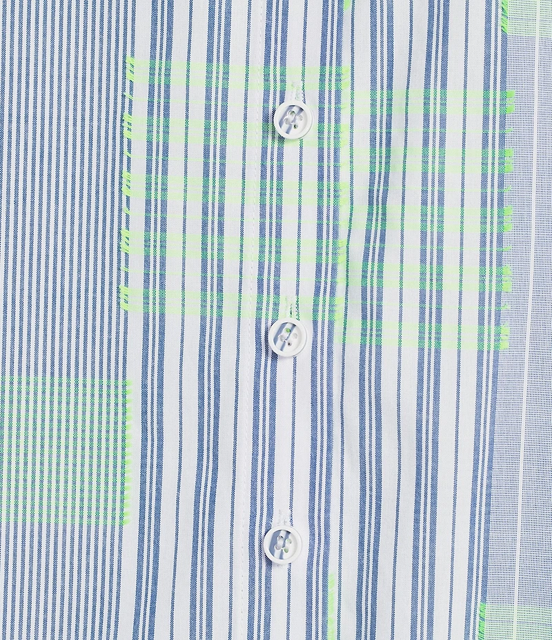 Ali Miles Woven Yarn-Dyed Stripe Clipped Detail Print Point Collar Elbow Length Button-Front Shirt