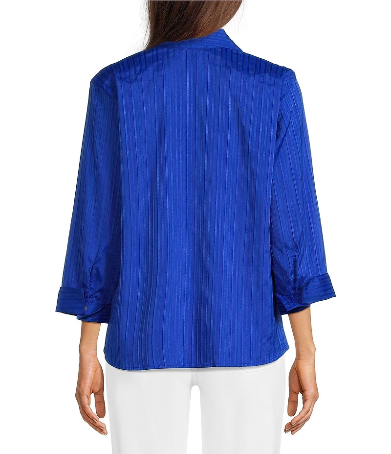 Ali Miles Woven Yarn-Dyed Stripe Wire Collar 3/4 Sleeve Button Front Placket Shirt