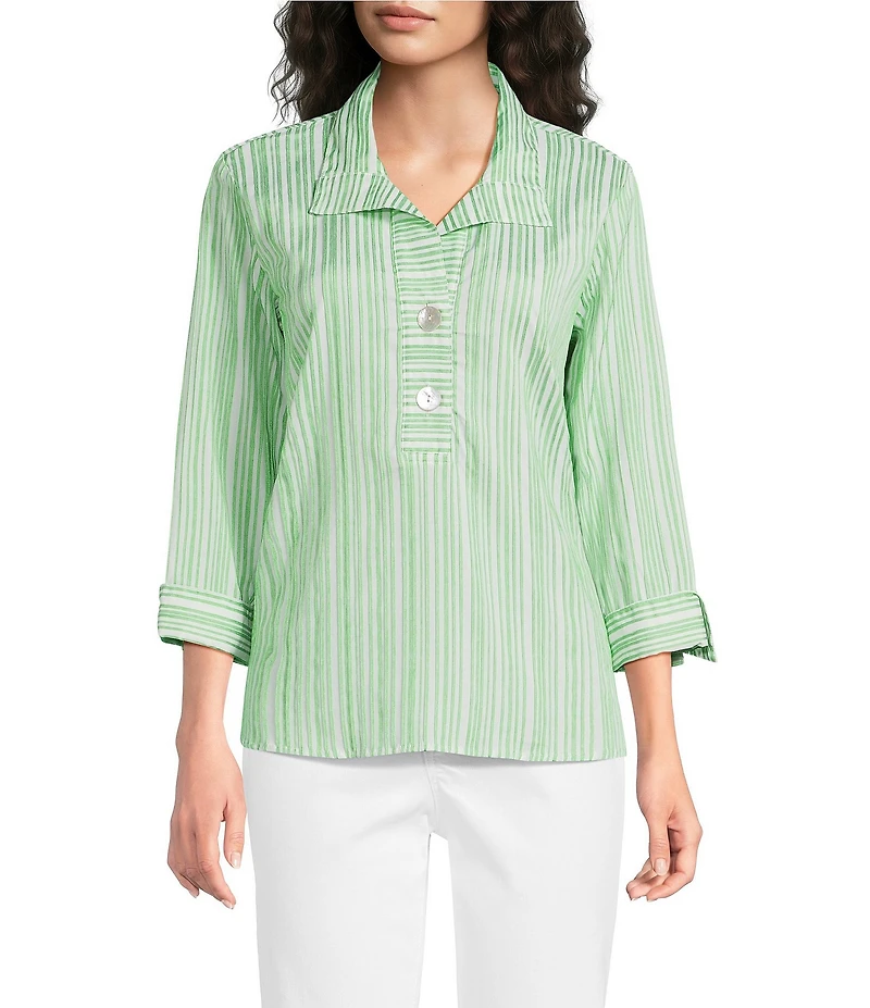 Ali Miles Woven Yarn-Dyed Stripe Wire Collar 3/4 Sleeve Button Front Placket Shirt