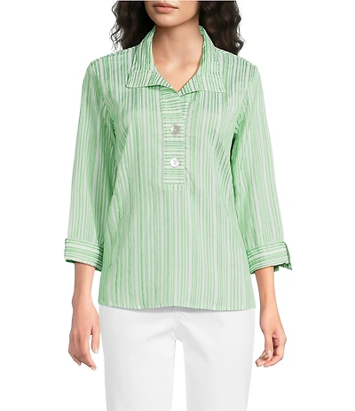 Ali Miles Woven Yarn-Dyed Stripe Wire Collar 3/4 Sleeve Button Front Placket Shirt