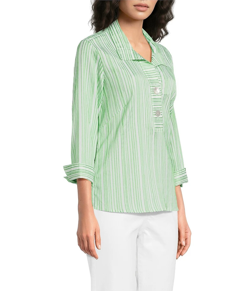 Ali Miles Woven Yarn-Dyed Stripe Wire Collar 3/4 Sleeve Button Front Placket Shirt