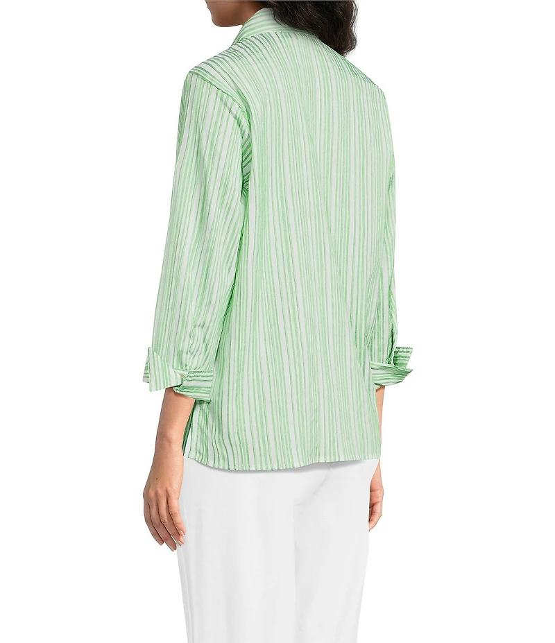 Ali Miles Woven Yarn-Dyed Stripe Wire Collar 3/4 Sleeve Button Front Placket Shirt