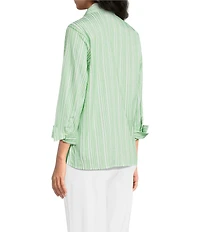Ali Miles Woven Yarn-Dyed Stripe Wire Collar 3/4 Sleeve Button Front Placket Shirt