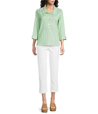 Ali Miles Woven Yarn-Dyed Stripe Wire Collar 3/4 Sleeve Button Front Placket Shirt