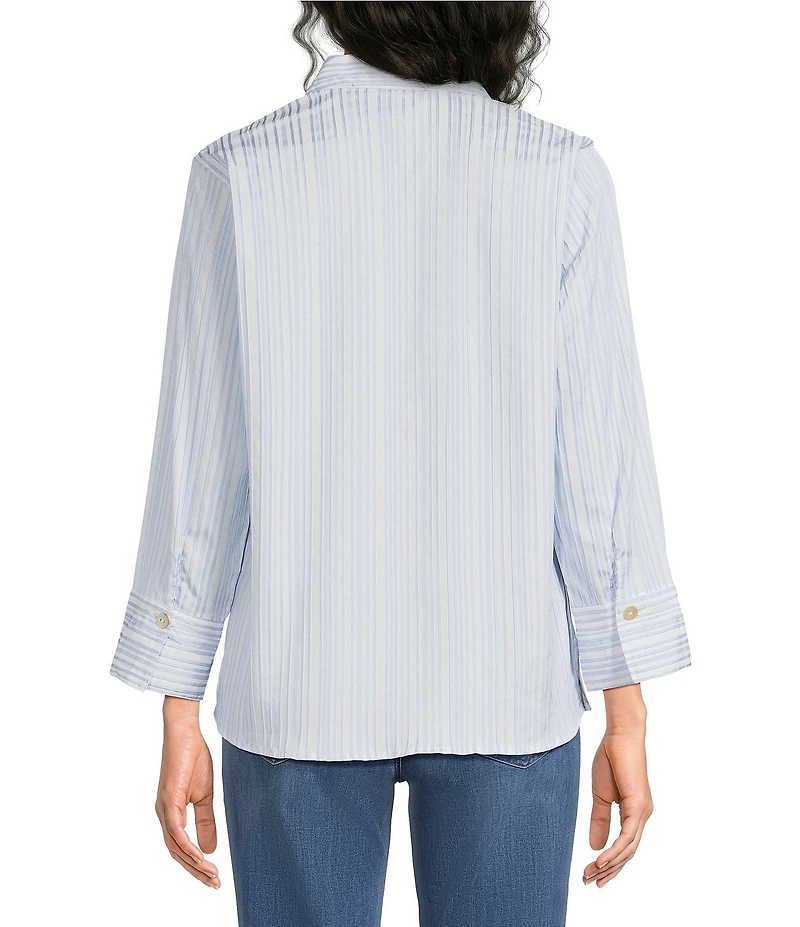 Ali Miles Woven Yarn-Dyed Stripe Wire Collar 3/4 Sleeve Button Front Placket Shirt