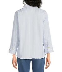 Ali Miles Woven Yarn-Dyed Stripe Wire Collar 3/4 Sleeve Button Front Placket Shirt
