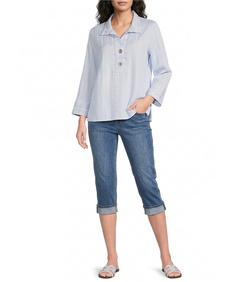 Ali Miles Woven Yarn-Dyed Stripe Wire Collar 3/4 Sleeve Button Front Placket Shirt