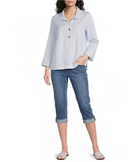 Ali Miles Woven Yarn-Dyed Stripe Wire Collar 3/4 Sleeve Button Front Placket Shirt