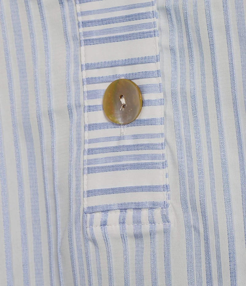 Ali Miles Woven Yarn-Dyed Stripe Wire Collar 3/4 Sleeve Button Front Placket Shirt