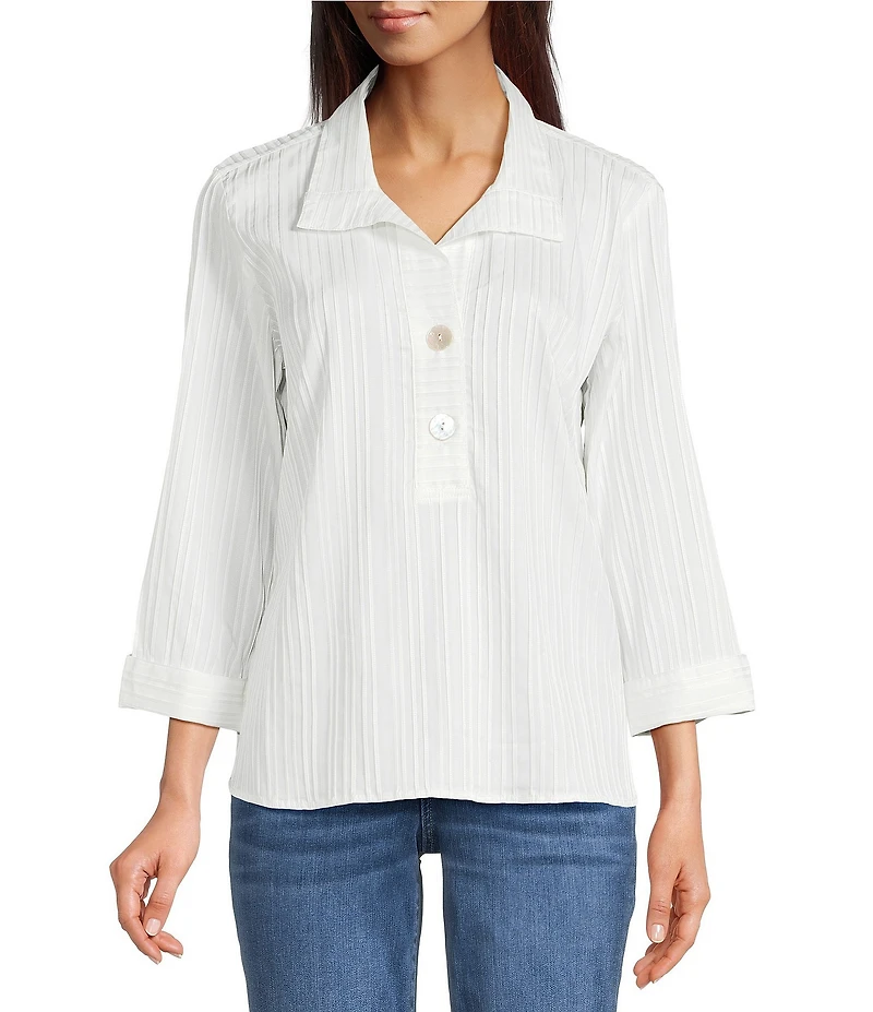 Ali Miles Woven Yarn-Dyed Stripe Wire Collar 3/4 Sleeve Button Front Placket Shirt