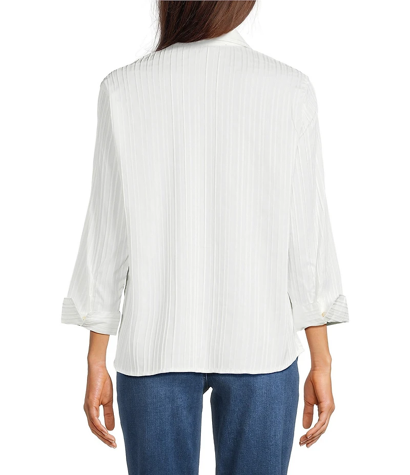 Ali Miles Woven Yarn-Dyed Stripe Wire Collar 3/4 Sleeve Button Front Placket Shirt